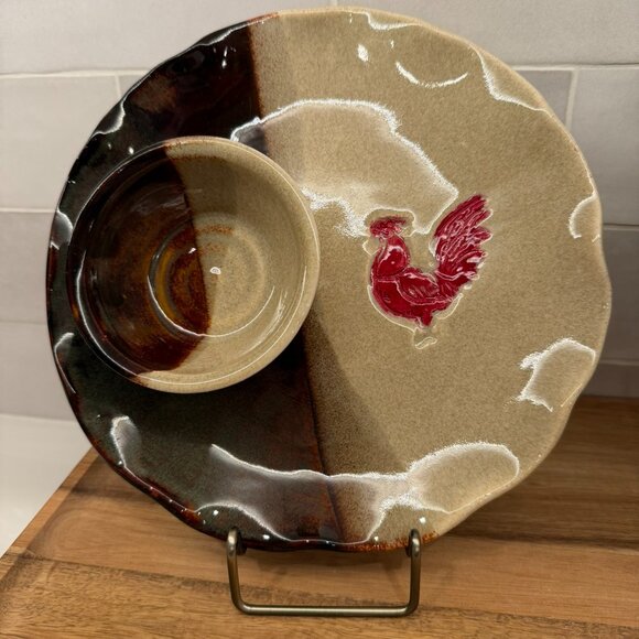 Old Julian Connie Black Red Rooster Chip and Dip Pottery Plate - Picture 2 of 7